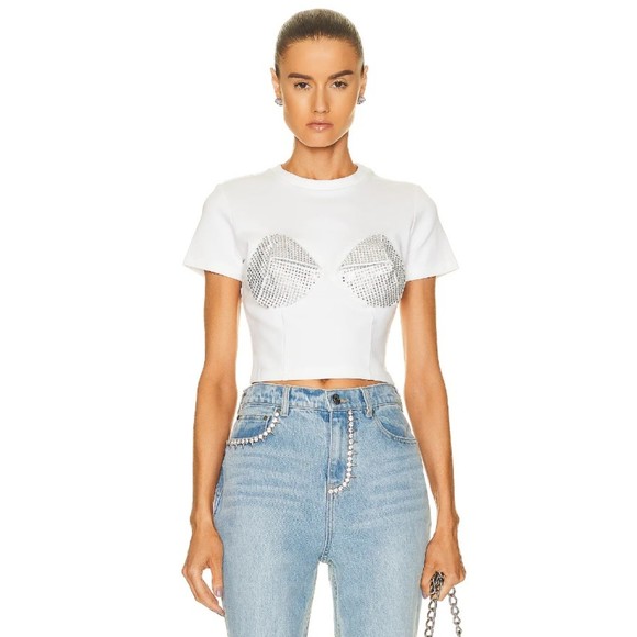 Area Tops - Area NYC Women's White Crystal Pyramid Cup Short Sleeve T-Shirt Size XS